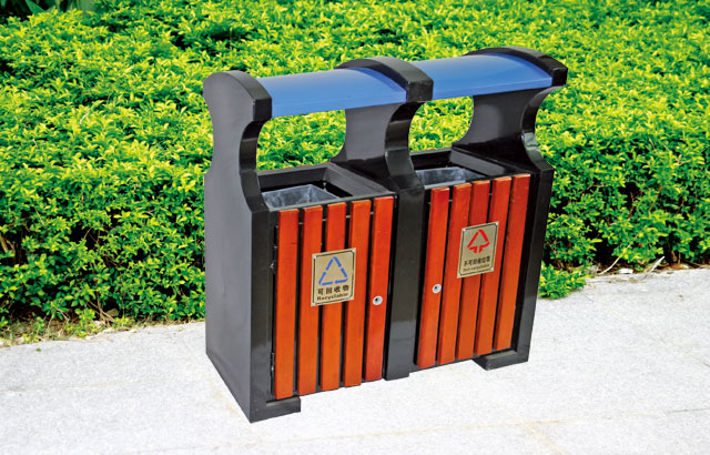 園林鋼木分類(lèi)垃圾桶戶(hù)外擺放效果圖